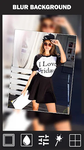 Blur background photo editor displaying focused portrait with blurred background and editing toolbar