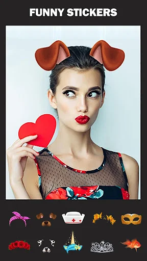 Funny stickers feature showing portrait with cartoon mouse ears and heart props for photo decoration