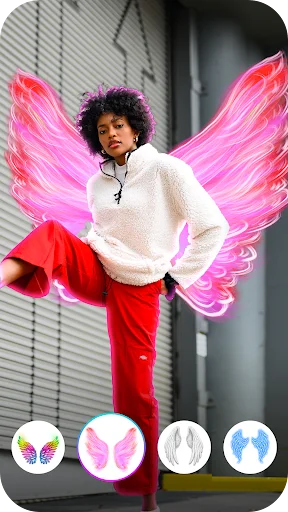 Pink and blue neon angel wings overlay effect on portrait photo with wing design selection options