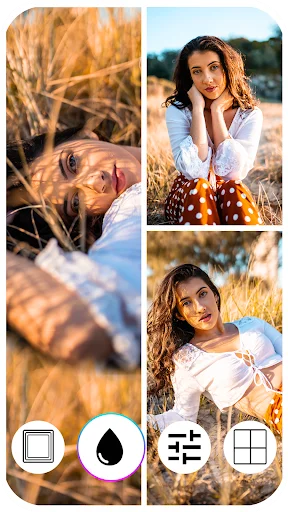 Photo grid collage editor showing multiple portrait layouts with blur, filter and grid tools