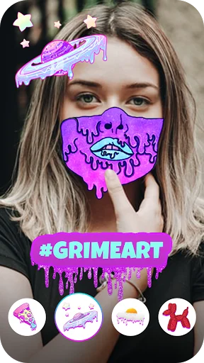 GrimeArt photo editor with purple dripping face mask sticker and drip effect filter options at bottom