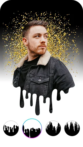 DripArt portrait with gold glitter background effect and black drip border style selection menu