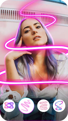 Photo editor with pink neon light spiral effect wrapped around portrait and pattern filter options