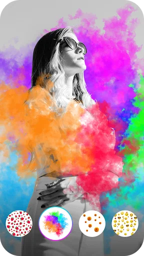 Color splash effect with rainbow smoke background on black and white portrait, pattern filters below