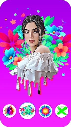 DripArt app showing portrait with colorful flowers and pink dripping paint effect, background options