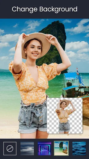 Change Background feature showing woman at beach with tropical background replacement and preview thumbnail