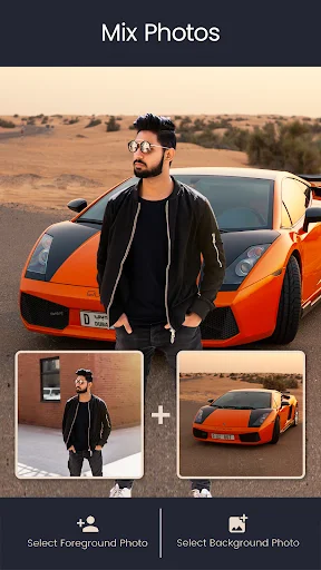Mix Photos tool combining portrait subject with orange sports car background in photo editing app
