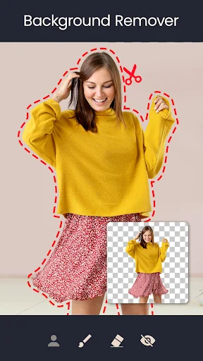 Background Remover tool with yellow sweater portrait outlined in red, showing transparent background cutout