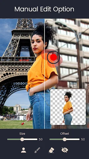 Manual Edit Option screen with Eiffel Tower background and size/offset sliders for precise photo editing