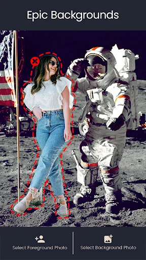 Epic Backgrounds feature showing astronaut moon landing scene as creative background replacement option