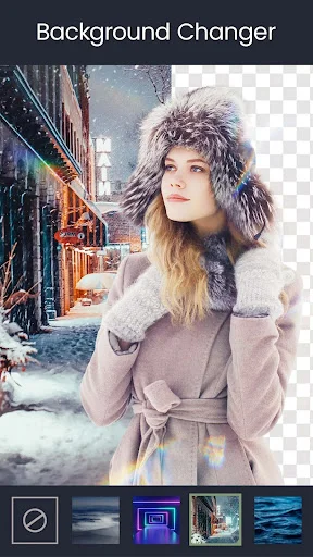 Background Changer editing interface displaying winter street scene replacement with thumbnail previews