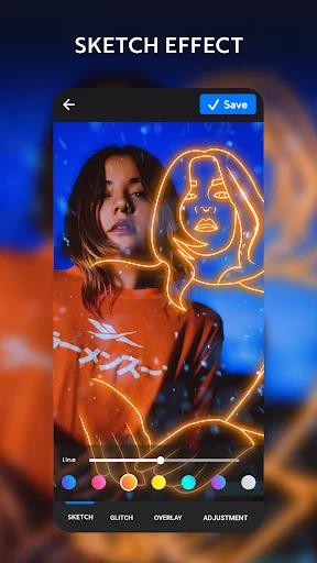 Instasquare neon sketch effect editor showing portrait with glowing orange outline sketch overlay and color palette