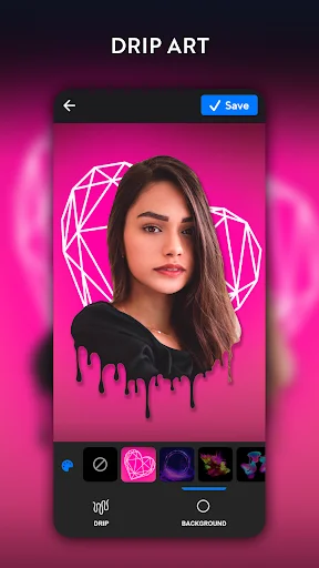 Drip art effect in photo editor with neon pink geometric shapes and black drip effect on portrait background