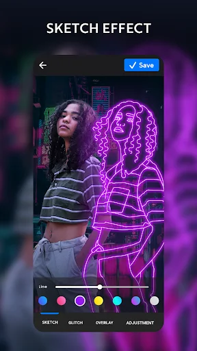 Sketch effect photo editor displaying purple neon outline overlay on portrait with color selection tools
