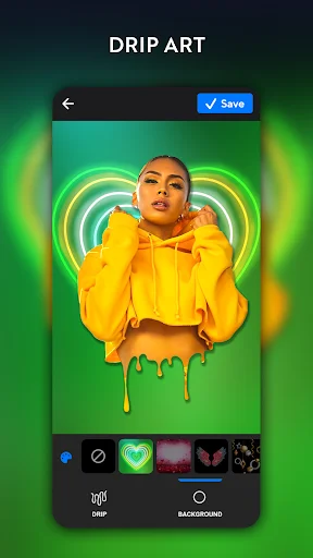 Drip art editor showing portrait with neon heart shapes and green drip effect on gradient background