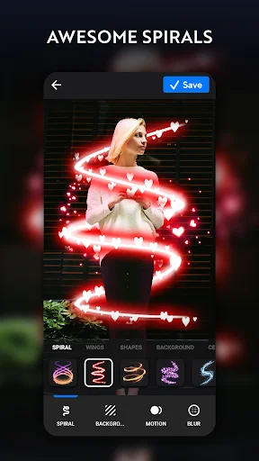 Awesome spirals effect with red heart spiral overlay wrapping around portrait in neon photo editor