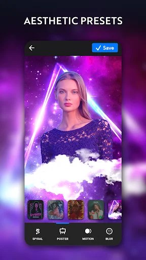 Aesthetic presets gallery in neon photo editor showing filter options and portrait editing interface