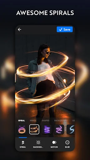 NeonArt photo editor showing awesome spirals effect with golden neon light trails around portrait photo