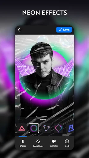 Neon effects photo editor with colorful neon wings and geometric shapes applied to portrait editing screen