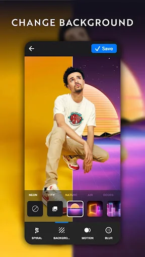 Change background feature in NeonArt editor with gradient backdrop and background selection toolbar