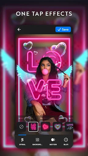 One tap neon effects showing pink LOVE text and angel wings stickers on photo with quick edit options