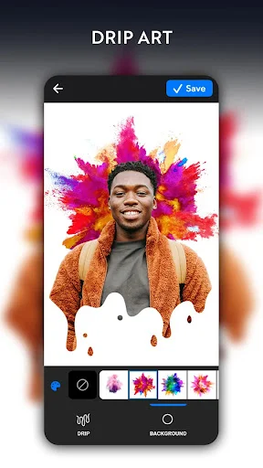 Drip art effect in NeonArt editor with colorful paint splash background and portrait cutout feature