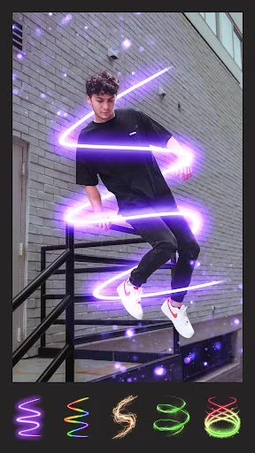 Pixlab photo editor showing neon light effect on jumping person with purple glowing trails and style options