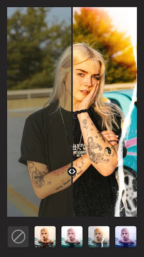 Pixlab before/after comparison: Split-screen warm filter effect with preset filters for easy photo color grading