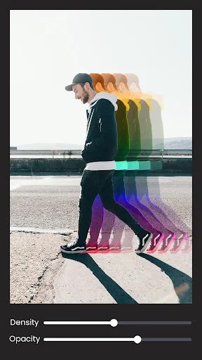 Rainbow ghost effect in Pixlab photo editor showing motion blur with density and opacity controls