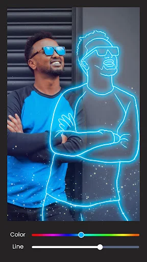 Neon outline sketch effect in Pixlab creating glowing blue silhouette with color and line adjustment sliders