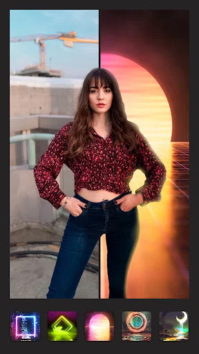 Split screen photo editing in Pixlab showing before and after with creative light overlay effects gallery
