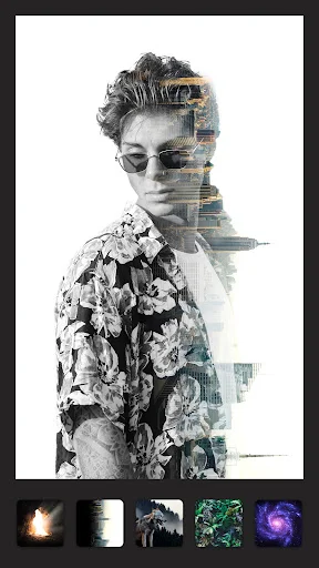 Glitch art effect in Pixlab photo editor showing double exposure portrait with artistic dispersion filter