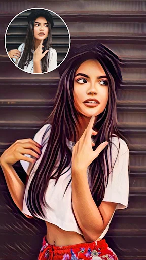 Art filter photo editor showing portrait with oil paint effect applied, original photo inset in corner