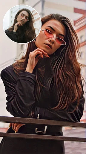 Art sketch editor displaying portrait with painted effect and red sunglasses in artistic style