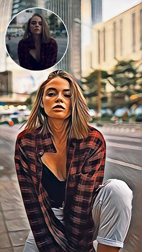 Urban street photo converted to oil paint filter showing artistic transformation with preview