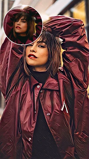Fashion portrait with burgundy tones transformed using sketch to art photo editing filter