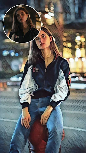 Night scene portrait edited with art filter creating illustrated painting style from photo