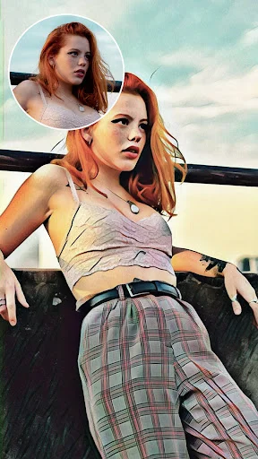 Outdoor portrait transformed into colorful sketch art using photo to painting editor filter