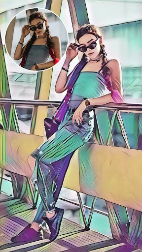 Vibrant fashion photo converted to artistic sketch with purple and turquoise paint filter effect