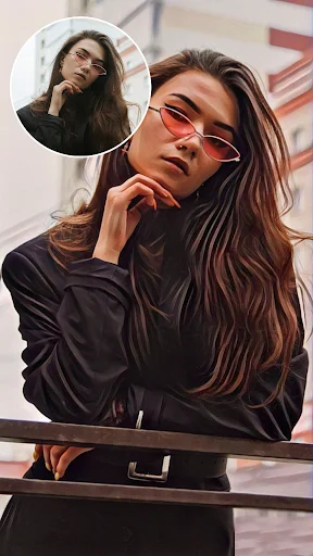 Photo to sketch art filter transforming portrait with sunglasses into painted artwork style