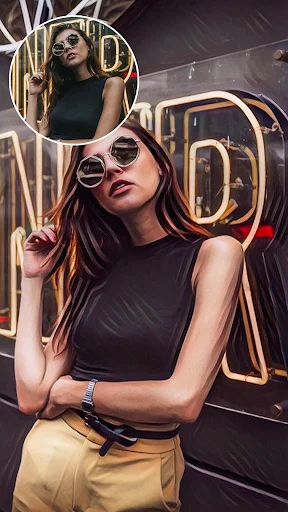 Art filter app displaying golden neon background portrait transformed with sketch painting effect
