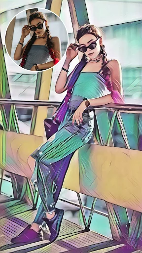 Colorful sketch filter applied to fashion photo creating illustrated art effect with original inset