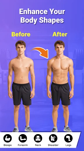 Man Muscle Editor app showing before and after body transformation with enhanced muscles, biceps, and abs editing tools