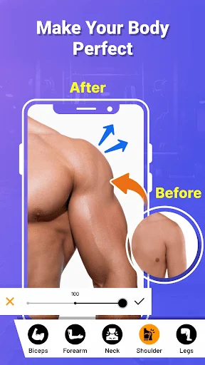 Body editing interface with bicep enhancement feature showing before and after comparison with adjustment slider
