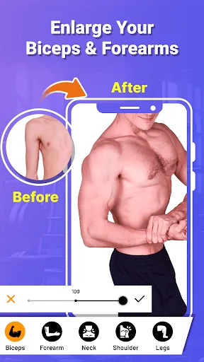 Biceps and forearms enlargement tool displaying muscle transformation with before and after preview in photo editor