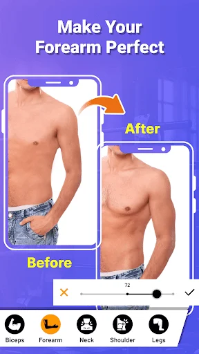Forearm muscle enhancement tool with before and after body transformation preview and adjustment slider