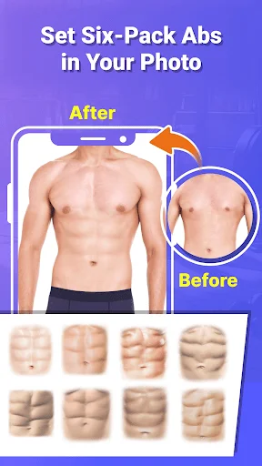 Six-pack abs editor showing selectable ab templates and before/after muscle definition comparison