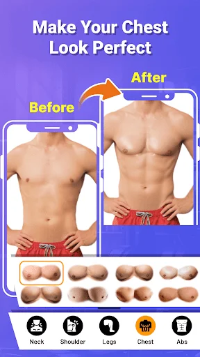 Chest muscle enhancement feature displaying pectoral template options and body transformation results