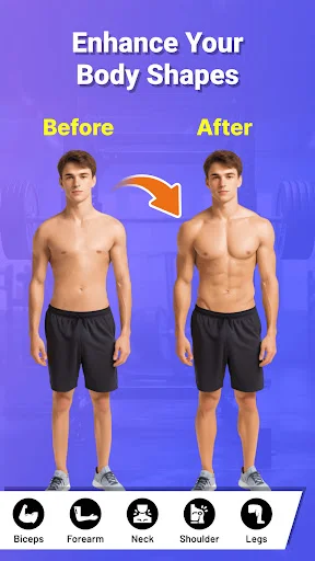 Before and after full-body muscle enhancement comparison with biceps, forearm, neck, shoulder, and leg editor options