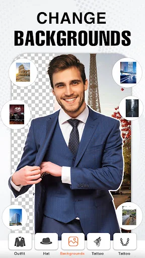 Change backgrounds tool - formal suit photo with background removal and replacement options